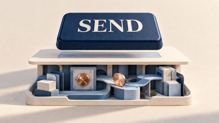A Send button above a miniature payment system with a vault, token and transfer paths.