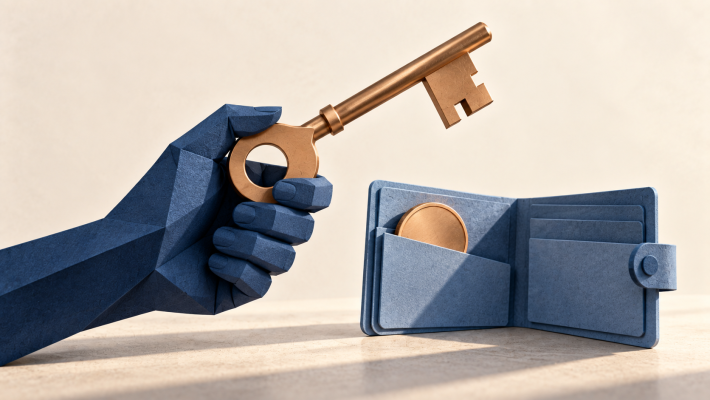 A hand holding a key beside a wallet containing a token, illustrating user control of crypto-assets.