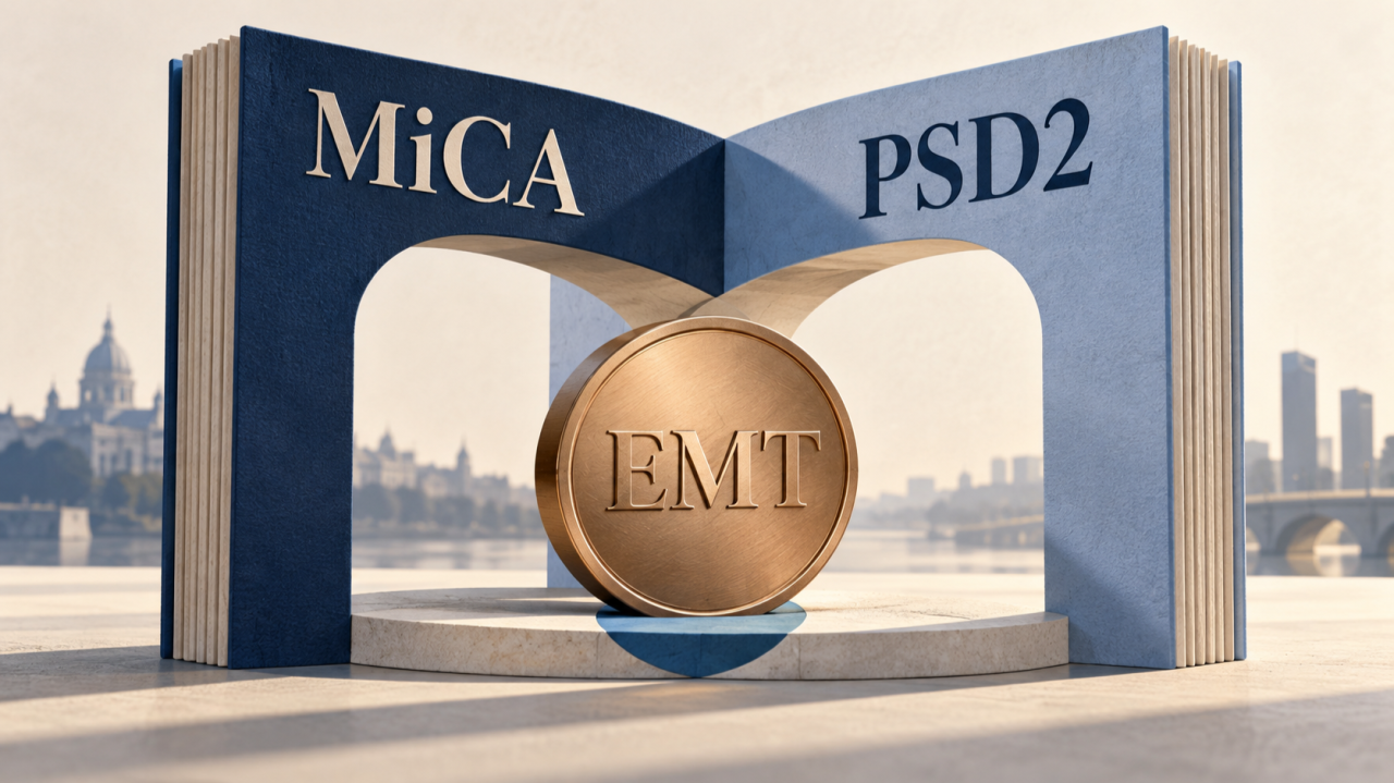 An EMT token under an arch formed by MiCA and PSD2 rulebooks, representing two regulatory frameworks.